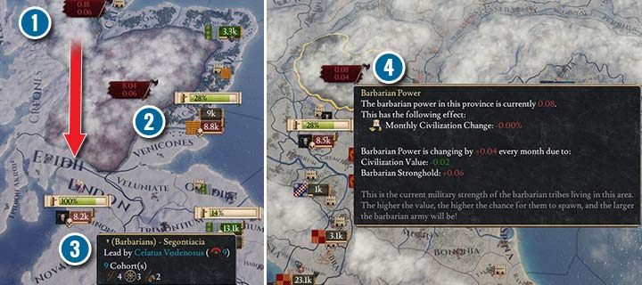 W północnym regionie wysp brytyjskich są dwa obszary z siedzibami barbarzyńców. Z północnej siedziby (1) niedawno wyruszyła horda barbarzyńców. W drugim regonie (2) barbarzyńcy nadal rosną w siłę, ale jeszcze nie sformowali armii. Horda z północnego obszary już zaczęła podbijać okoliczne miasta (3). Możesz ustawić specjalny tryb podglądu mapy, aby szybko zlokalizować siedziby barbarzyńców i ich siłę (4). - Rebelia i barbarzyńcy w Imperator Rome - Imperator Rome - poradnik do gry