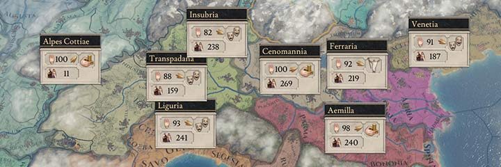 W widoku prowincji, możesz szybko sprawdzić nie tylko poziom lojalności mieszkańców oraz liczebność populacji, ale również jaką politykę obrał gubernator dla mieszkańców danej prwoincji. - Gubernatorzy w Imperator Rome - Imperator Rome - poradnik do gry