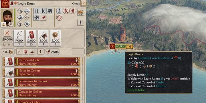 Twoje wojska są zgrupowane jako armie. Na oddalonym widoku mapy świata, widzisz ile tysięcy żołnierzy jest w takiej armii. Gdy zbliżysz widok, zobaczysz rzymskie liczby obok liczebności armii - oznaczają poziom wiedzy wojskowej generała. Możesz wybrać armię lub najechać kursorem na etykietę armii w mapie świata, aby zyskać dodatkowe informacje. - Armie i floty w Imperator Rome - Imperator Rome - poradnik do gry