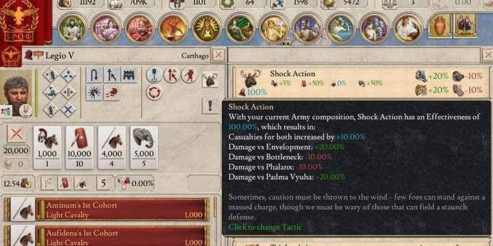 Legion V ma wybraną taktykę, która zapewnia +20% obrażeń dla wszystkich jednostek, gdy walczy z określoną taktyka wroga. - Taktyki w Imperator Rome - Imperator Rome - poradnik do gry