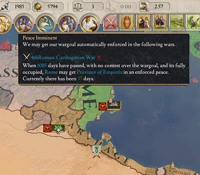 3) Jeśli przez dłuższy czas osiągnąłeś cele swojego powodu do wojny, może pojawić się informacja o automatycznym podpisaniu pokoju - Casus Belli w Imperator Rome - Imperator Rome - poradnik do gry