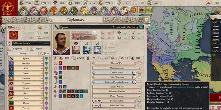 Zakładka dyplomacji, otwiera tobie dostęp do wielu umów, akcji oraz żądań i próśb wobec innych państw. W republikach, przywódca musi się liczyć ze zdaniem senatorów, przed podjęciem każdej decyzji. - Dyplomacja w Imperator Rome - Imperator Rome - poradnik do gry