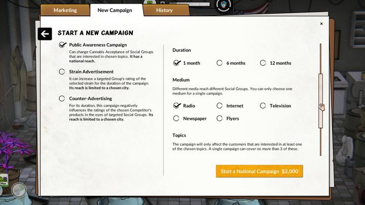 W przypadku każdej kampanii musisz wybrać szereg parametrów, które definiują to w jakim stopniu i do kogo trafi ta reklama - Marketing w Weedcraft Inc - Weedcraft Inc - poradnik do gry