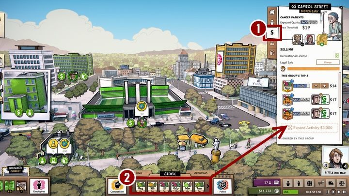 Aby przypisać dana odmianę do punktu handlowego, musisz wejść z zakładkę sprzedaży [1] - Jak sprzedawać towar w Weedcraft Inc? - Weedcraft Inc - poradnik do gry