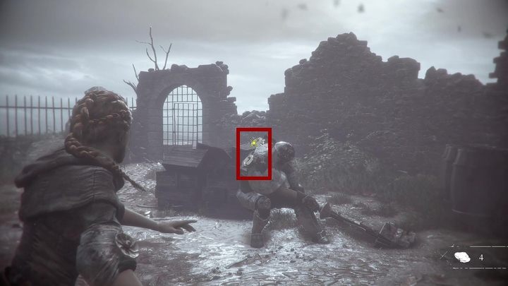 Następnie będziesz musiał zestrzelić kołnierz, którego mocowanie znajduje się na piersi przeciwnika - A Plague Tale Innocence: Nieznajomi - solucja, opis przejścia - A Plague Tale Innocence - poradnik do gry