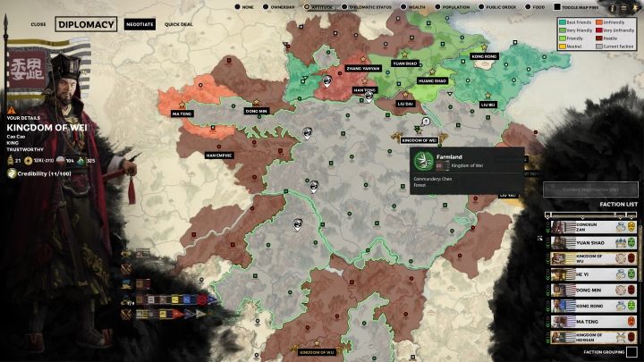 Domyślnie, okno dyplomacji pokazuje relacje Twojej frakcji z innymi. - Dyplomacja i handel w Total War Three Kingdoms - Total War Three Kingdoms - poradnik do gry