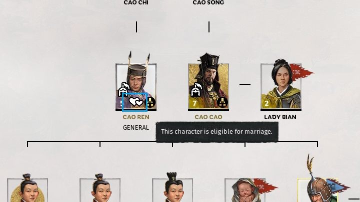 Przy postaci nadającej się do małżeństwa wyświetli się ikonka z dwoma sercami. - Dyplomacja i handel w Total War Three Kingdoms - Total War Three Kingdoms - poradnik do gry