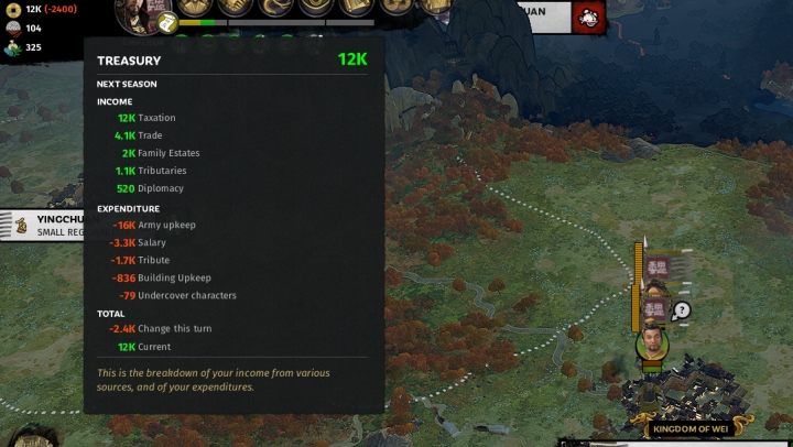 Poziom skarbca i jego stan w następnej turze. - Przygotowania do wojny z innymi frakcjami w Total War Three Kingdoms - Total War Three Kingdoms - poradnik do gry