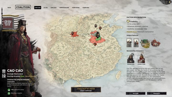 Okno wyboru Cao Cao. - Wszyscy watażkowie (przywódcy) frakcji w Total War Three Kingdoms - Total War Three Kingdoms - poradnik do gry