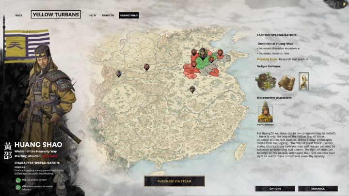 Okno wyboru Huang Shao. - Wszyscy watażkowie (przywódcy) frakcji w Total War Three Kingdoms - Total War Three Kingdoms - poradnik do gry