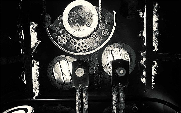 Proponujemy rozpocząć od zewnętrznych trybików (ustaw lewą dźwignię w lewej pozycji) i skończyć na wewnętrznych - Zagadka z trybikami | Rozwiązanie zagadki w Layers of Fear 2 - Layers of Fear 2 - poradnik do gry