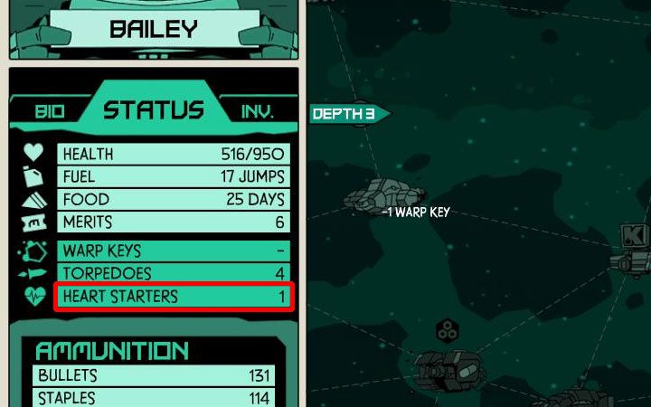 W zakładce STATUS pojawi się potwierdzenie o otrzymaniu jednego rozrusznika serca (powyższy obrazek) - Jak zdobyć rozrusznik serca (Heart Starter) w Void Bastards? - Void Bastards - poradnik do gry