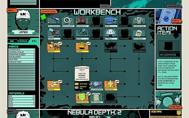 W dalszej części gry możesz kupować nowe projekty z tej samej grupy, które będą zastępowały startową kurtkę - Jak wydłużyć pasek zdrowia w Void Bastards? - Void Bastards - poradnik do gry