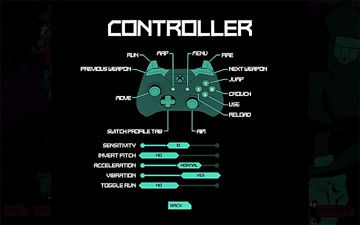 W przypadku sterowania z użyciem kontrolera możesz zmienić poziom czułości, odwrócić oś, zmodyfikować poziom akceleracji, włączyć/wyłączyć wibracje oraz załączyć opcję biegania bez konieczności przytrzymywania przycisku - Sterowanie w Void Bastards - Void Bastards - poradnik do gry
