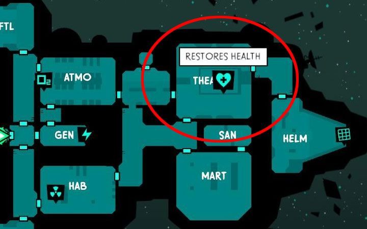 Wyjątkowa okazja do wyleczenia postaci jeszcze w trakcie misji pojawia się w trakcie badania tych statków, na pokładzie których jest pomieszczenie THEATRE (przykład na obrazku) - Jak zdobywać żywność i jak leczyć postać w Void Bastards? - Void Bastards - poradnik do gry