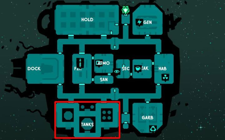 Ważną informacją jest to, że na niektórych zaawansowanych statkach paliwo odnajduje się w pomieszczeniach TANKS zamiast FTL (przykład na obrazku) - Jak zdobywać paliwo w Void Bastards? - Void Bastards - poradnik do gry
