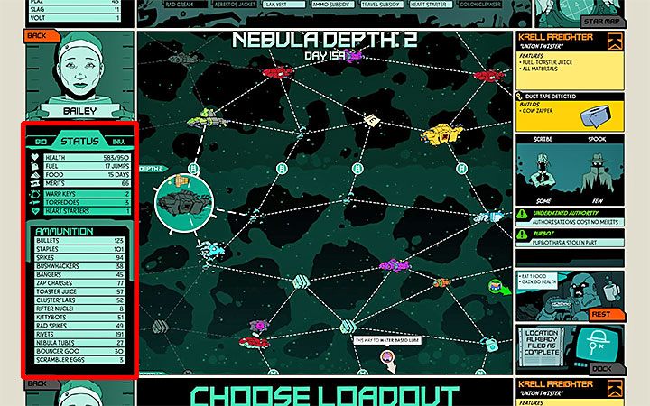 Lista zapasów wyświetlana jest zawsze w menu STATUS - Zapasy w Void Bastards - Void Bastards - poradnik do gry