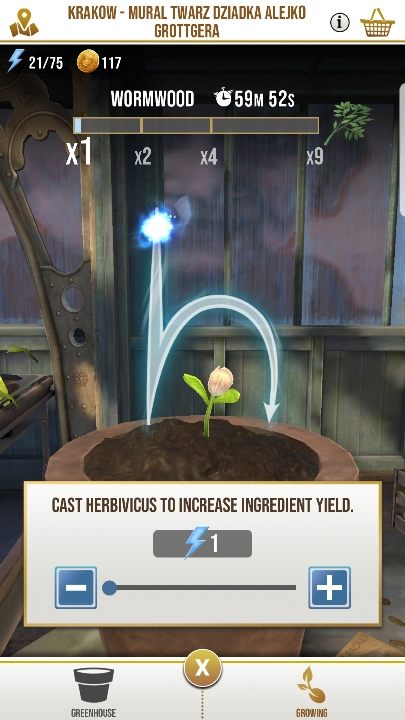 Podczas oczekiwania możesz rzucić zaklęcie, aby zwiększyć ewentualne plony - Cieplarnie w Harry Potter Wizards Unite - Harry Potter Wizards Unite - poradnik do gry