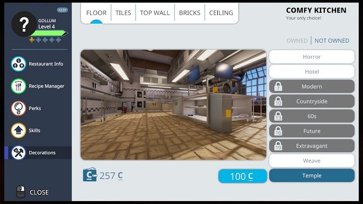 Tak wygląda menu pozwalające (odpłatnie oczywiście) na zmianę wystroju naszego miejsca pracy. - Tryb Kariery w Cooking Simulator - Cooking Simulator - poradnik do gry