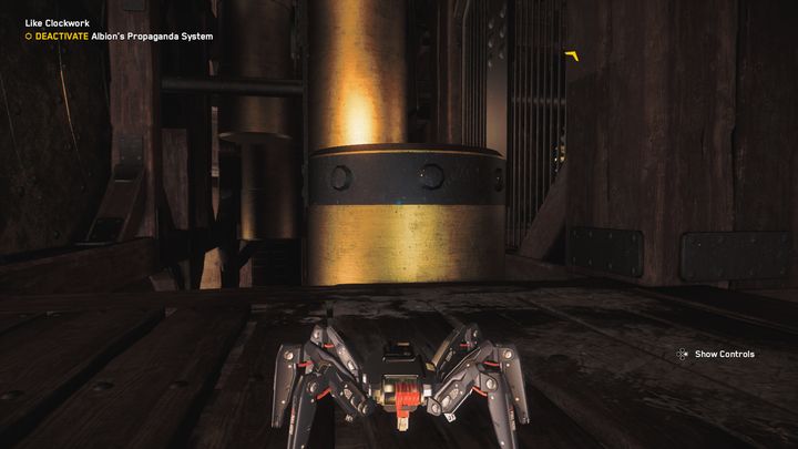 Ostatnim z mechanizmów, których jeszcze nie spotkałeś, są złote tłoku, które poruszają się pionowo, w górę i dół - Watch Dogs Legion: Jak w zegarku - solucja, opis przejścia - Watch Dogs Legion - poradnik do gry