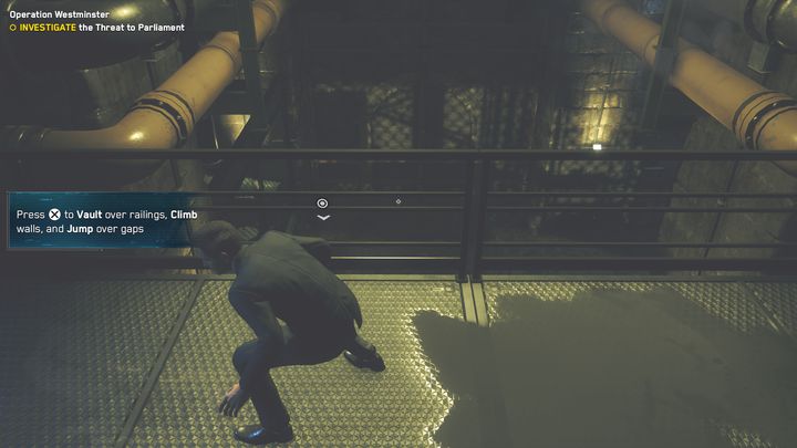 Początkowo idź przed siebie, napotkasz po chwili pierwszego przeciwnika, który będzie odwrócony do ciebie plecami - Watch Dogs Legion: Operacja Westminister, prolog - solucja, opis przejścia - Watch Dogs Legion - poradnik do gry