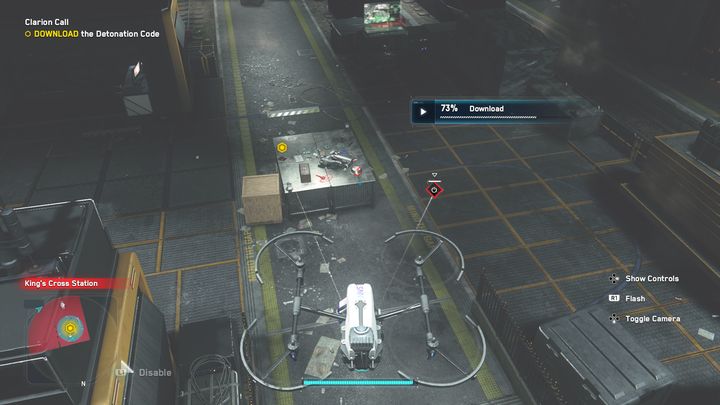 Pobieranie klucza musi się odbyć z niedalekiej odległości, dlatego schowaj się swoim dronem, lub wyłączaj pobliskie wrogie drony, aby nie zaczęły cię atakować - Watch Dogs Legion: Larum - solucja, opis przejścia - Watch Dogs Legion - poradnik do gry