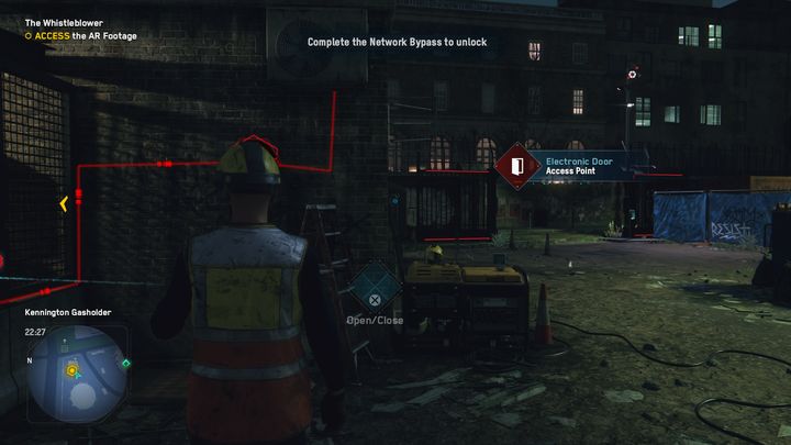 Będąc na miejscu, podejdź do drzwi, które są zablokowane i przytrzymaj przycisk odpowiadający za hakowanie - Watch Dogs Legion: Demaskator - solucja, opis przejścia - Watch Dogs Legion - poradnik do gry