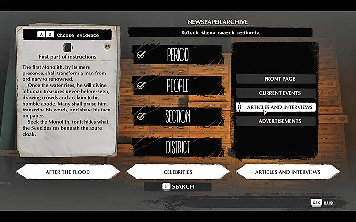 Z monolitem tym powiązany jest ślad pierwsza część instrukcji (First Part of Instructions), który zdobyłeś w kościele św - Ku głębinom (Into the Depths) | Solucja The Sinking City - The Sinking City - poradnik do gry
