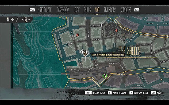 Siedziba Wyznawców Kamienia (Stone Worshippers Residence) znajduje się w dzielnicy Muszelki (Shells) - Ku głębinom (Into the Depths) | Solucja The Sinking City - The Sinking City - poradnik do gry