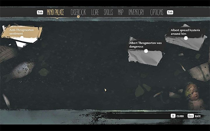 Kolejną nowością jest skorzystanie po raz pierwszy z Pałacu Umysłu (Mind Palace), dzięki któremu możesz łączyć zdobyte wskazówki w pary i odblokowywać dzięki temu nowe ślady (dedukcje) - Mroźne powitanie (Frosty Welcome) | Solucja The Sinking City - The Sinking City - poradnik do gry