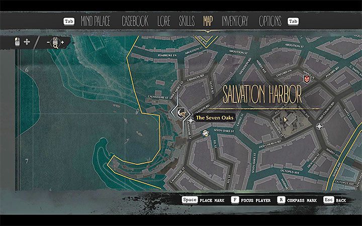 Musisz teraz dotrzeć do wspomnianego w ogłoszeniu baru Seven Oaks (The Seven Oaks), który znajduje się w dzielnicy Port Odkupienia (Salvation Harbor) - Ojcowie i synowie (Fathers and Sons) | Solucja The Sinking City - The Sinking City - poradnik do gry