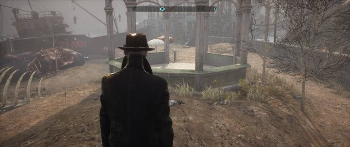 Przejdź na plażę, tam zobaczysz zniszczony statek z czerwonym napisem Red Queen - Dary morza | Sprawy poboczne w The Sinking City - The Sinking City - poradnik do gry