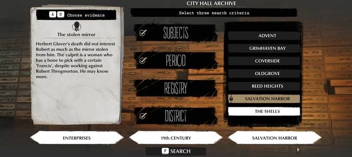 Poszukaj dowodów wybierając w archiwum ratusza następujące parametry wyszukiwania - Po drugiej stronie lustra | Sprawy poboczne w The Sinking City - The Sinking City - poradnik do gry