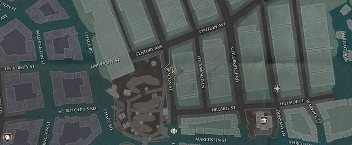 Łatwo zlokalizujesz ten dom, bowiem cały oznaczony jest białymi symbolami - Nadgodziny | Sprawy poboczne w The Sinking City - The Sinking City - poradnik do gry