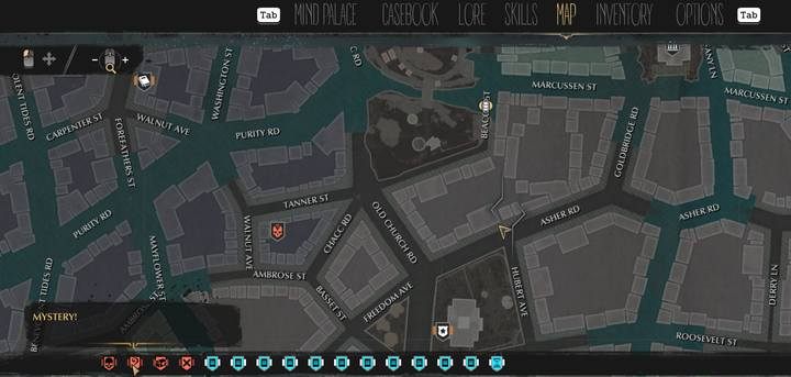 Jeśli znajdziesz ciekawe miejsce, możesz także umieścić w nim własny znacznik: naciśnij przycisk Umieść znacznik (Spacja) i wybierz jego wygląd, by łatwiej zapamiętać, co w danym punkcie może się znajdować - Eksploracja w The Sinking City - The Sinking City - poradnik do gry