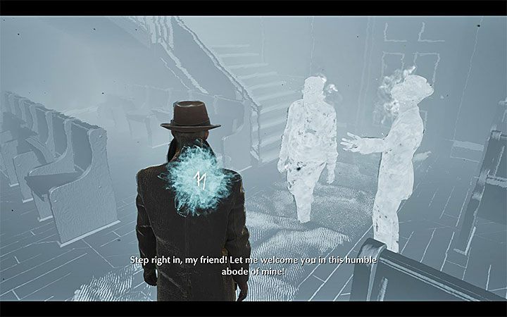 Przed sceną pojawi się niebieski obłok, a więc możesz przystąpić do retrokognicji - W obronie własnej (Self-Defense) | Solucja The Sinking City - The Sinking City - poradnik do gry