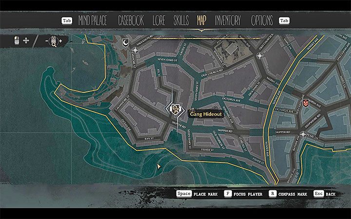 Kolejny krok to zlokalizowanie kryjówki gangu (Gang Hideout) na bazie podartej mapy znalezionej przy zwłokach - W obronie własnej (Self-Defense) | Solucja The Sinking City - The Sinking City - poradnik do gry