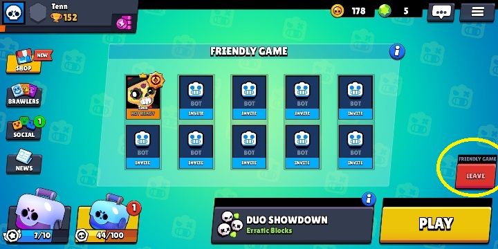 Aby rozpocząć grę dla znajomych, kliknij w przycisk zaznaczony na screenie powyżej - Friendly Game Mode (gra ze znajomymi) w Brawl Stars - Brawl Stars - poradnik do gry