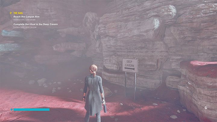 Na terenie Obszaru badań gamma zlokalizuj pokazane na obrazku północne przejście - tabliczka słusznie sugeruje, że ta ścieżka prowadzi do lokacji Jaskinia centralna (Deep Cavern), czyli do aktualnego celu podróży - Control Foundation: Gwóźdź - Obrzeża kanionu i Obszar badań gamma - solucja - Control - poradnik do gry