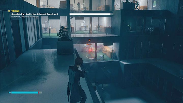 W sąsiednim kilkupoziomowym pomieszczeniu czeka cię dłuższa bitwa z wrogimi rangersami - Control Foundation: Gwóźdź/The Nail - Magazyn i Zawalony dział - solucja - Control - poradnik do gry