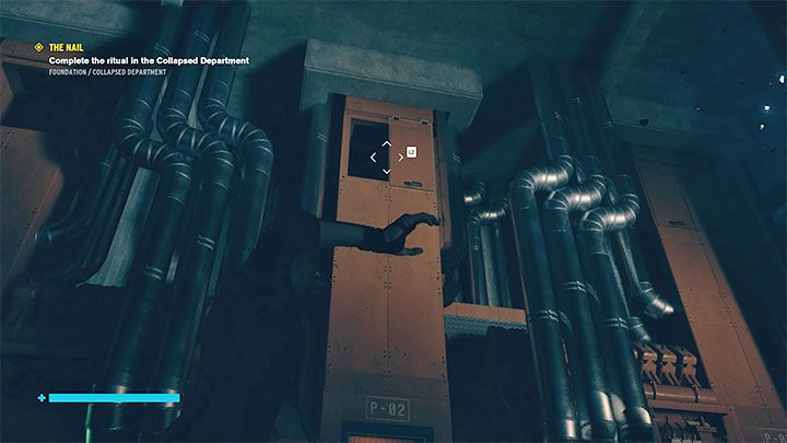 Zainteresuj się teraz metalowymi płytami nad każdym z generatorów - przykładowe płyty nad generatorem P-02 pokazuje obrazek - Control Foundation: Gwóźdź/The Nail - Magazyn i Zawalony dział - solucja - Control - poradnik do gry