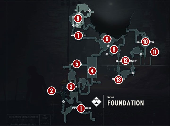 Powyższa mapa prezentuje 13 głównych obszarów na terenie sektora Fundament, które mają swoje podpisy na mapie w grze - Control Foundation: Sekrety, znajdźki - lista, mapa - Control - poradnik do gry