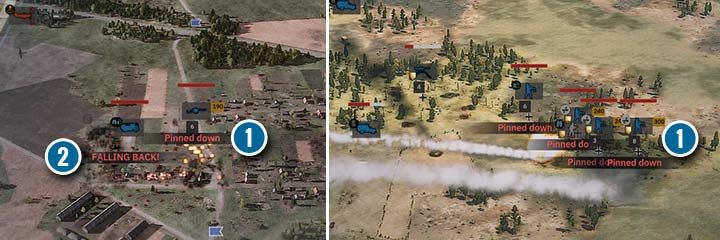 Zmasowany ostrzał lotnictwa lub artylerii tłumi morale i szybko potrafi przygwoździć wrogie jednostki (1) i zmusić do odwrotu (2). W ten prosty sposób, możesz pokonać nawet silniejsze jednostki. - Morale i Kapitulacja | Steel Division 2 - Steel Division 2 - poradnik do gry