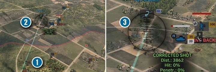 Obserwator artyleryjski (1) potrafi zwiększyć możliwości haubic, poprzez umożliwienie prowadzenie skorygowanego ostrzału (2). W ten sposób, artyleria zwiększa celność i zawęża pole ostrzału. Czasem będziesz wolał pokryć ogniem większy obszar, żeby przyszpilić więcej jednostek wroga, ale skorygowany ostrzał jest szczególnie przydatny w walce z artylerią wroga (3). - Radio i ostrzał artyleryjski | Steel Division 2 - Steel Division 2 - poradnik do gry