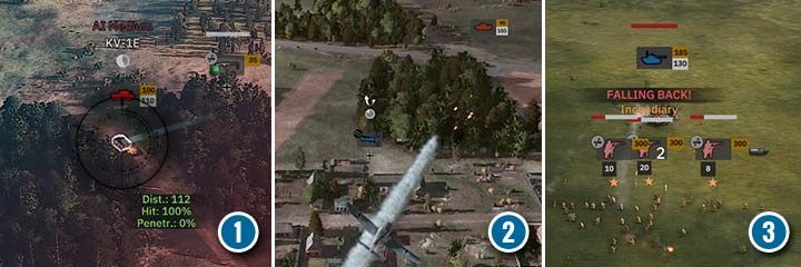Czołg KV to ciężki orzech do zgryzienia. Ustaw swoją piechotę w lesie i poczekaj aż czołg przejdzie obok twoich pozycji (1). Teraz rozpocznij ostrzał na boki i tył pojazdu przy pomocy drużyny przeciwpancernej. Wysłanie samolotów z rakietami lub działkami to dobre, choć drogie rozwiązanie (2). Czasem warto zaryzykować i rzucić piechotę przeciwko samotnym czołgom (3). Warto wybrać odpowiedni moment, gdy czołg już wystrzelił, jest zwrócony w inną stronę i jest w trakcie walki z innym czołgiem. Nawet jeśli twoja piechota zawiedzie, przeciwnik odwróci się słabszą stroną do jednostki z która przed chwilą się ostrzeliwał. - Pancerz jednostek - jak niszczyć czołgi i pojazdy | Steel Division 2 - Steel Division 2 - poradnik do gry