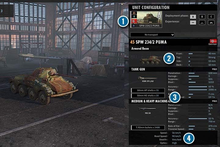 Puma to świetna jednostka zwiadowcza. Nie jest to tania jednostka (1), ale może być w każdej fazie i to w sporych ilościach. Największa wadą tego pojazdu jest słaby pancerz, choć jak na wóz opancerzony jest całkiem przyzwoity (2). Największa zaletą jest mocne działo o dużym zasięgu i celności (3). Puma jest pojazdem zwiadowczym i posiada bardzo dobrą optykę, choć trudno jest się jej ukryć (4). Jest tez jednym z najszybszych pojazdów w grze, zarówno w polu jak i na drodze. - Wstęp | Steel Division 2 - Steel Division 2 - poradnik do gry