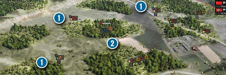 Zwiadowcy mogą wytropić i wykryć jednostki wroga (1), która są w ukryciu (2). - Zwiad (Recon) | Steel Division 2 - Steel Division 2 - poradnik do gry