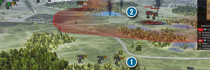 Kilka ukrytych dział przeciwpancernych w dobrej pozycji (1), może zrobić niezły porządek z czołgami wroga. Po ataku z ukrycia w słabsze części czołgów, pozostają tylko wraki i czarny dym (2). - Jednostki Przeciwpancerne (Anti-Tank) | Steel Division 2 - Steel Division 2 - poradnik do gry