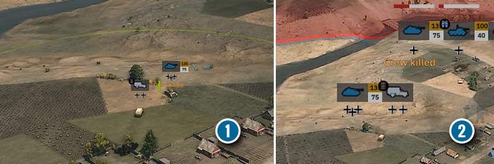 Ciężarówki z zaopatrzeniem nie tylko uzupełniają amunicję. Mogą też dokonywać napraw polowych oraz przywrócić do sprawności bojowej porzucone pojazdy. Jeśli jakiś twój czołg stoi w miejscu, ponieważ załoga została zabita (crew killed), to wystarczy podstawić ciężarówkę z zapatrzeniem (1), aby po chwili korzystać ponownie z czołgu wraz ze świeżą załogą (2). - Wsparcie (Support) | Steel Division 2 - Steel Division 2 - poradnik do gry