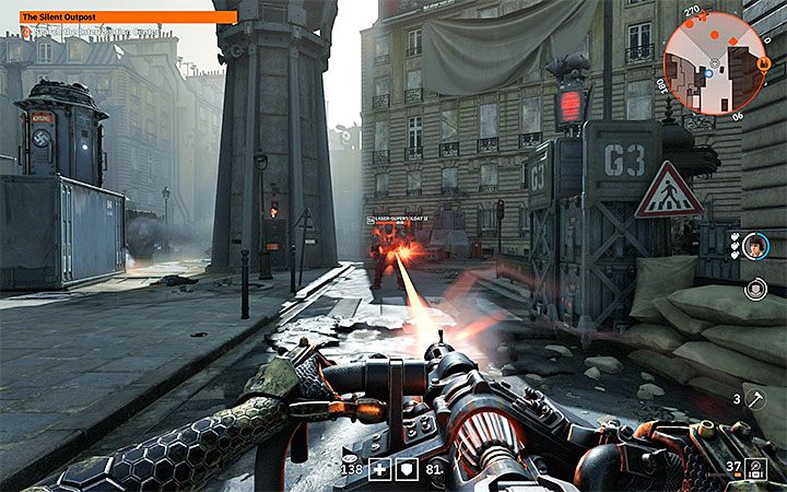 Od momentu odblokowania co najmniej umiejętności Bigger Guns możesz odnajdywać interaktywne ciężkie bronie - w przykładzie z powyższych obrazków jest to działo laserowe Laserkraftwerk - Dlaczego nie mogę podnieść broni w Wolfenstein Youngblood? - Wolfenstein: Youngblood - poradnik do gry